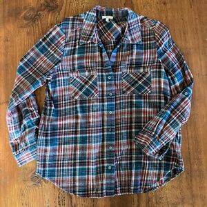 Joie 100% Cotton Flannel Button Down Shirt, Red Blue and White Size Medium